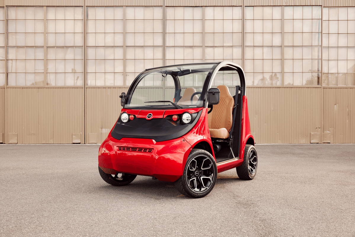 GEM e2 — the two-seat GEM street-legal low-speed vehicle in red, front three-quarter product photo