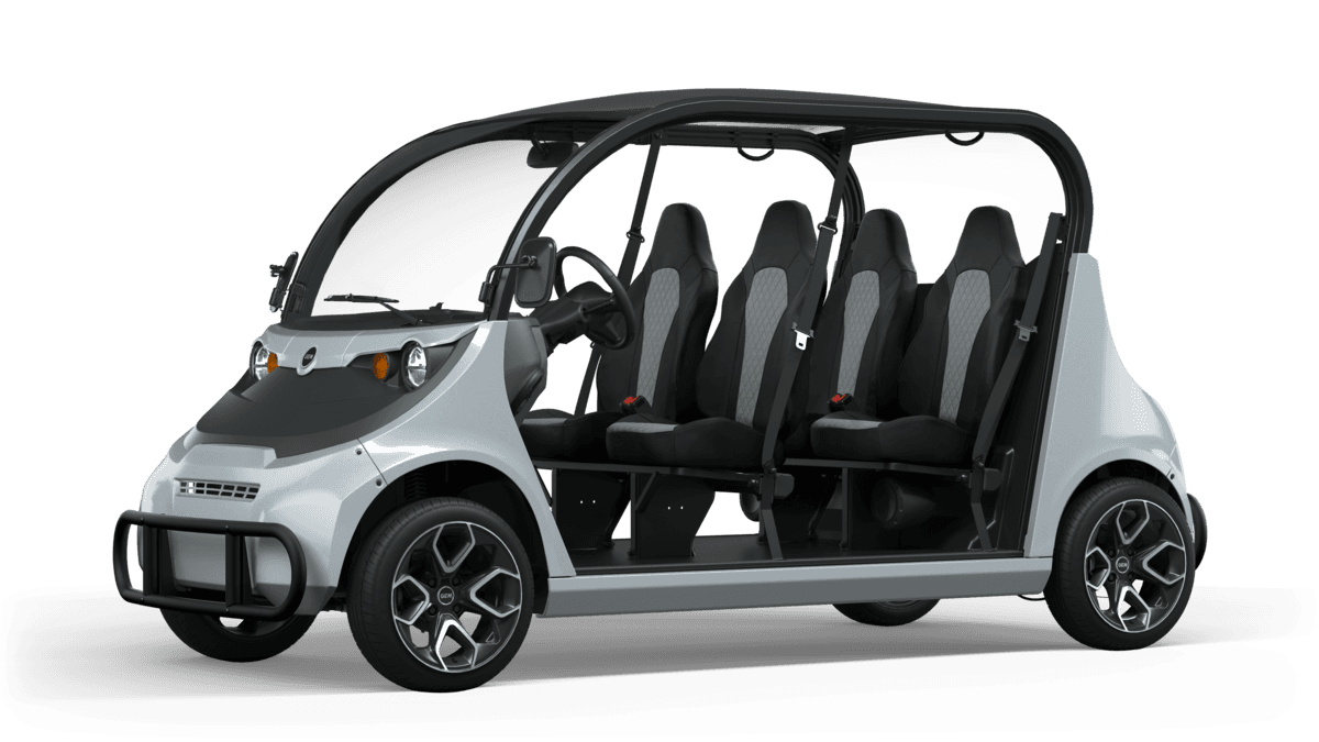 GEM e4 — the four-seat GEM street-legal low-speed vehicle in Arctic Frost, front three-quarter studio product photo