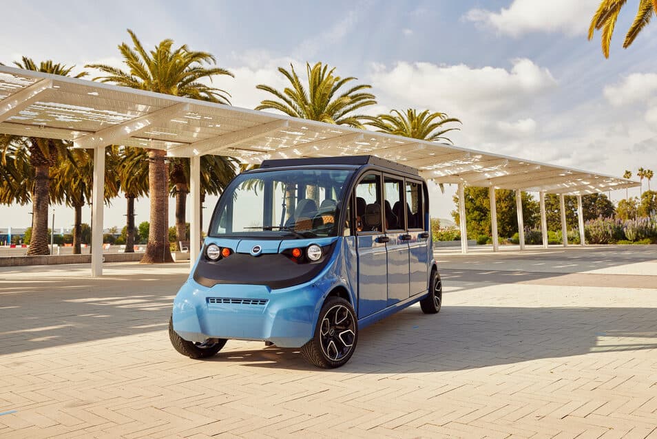 GEM e6 — the six-seat GEM street-legal shuttle in tidal blue, front three-quarter product photo
